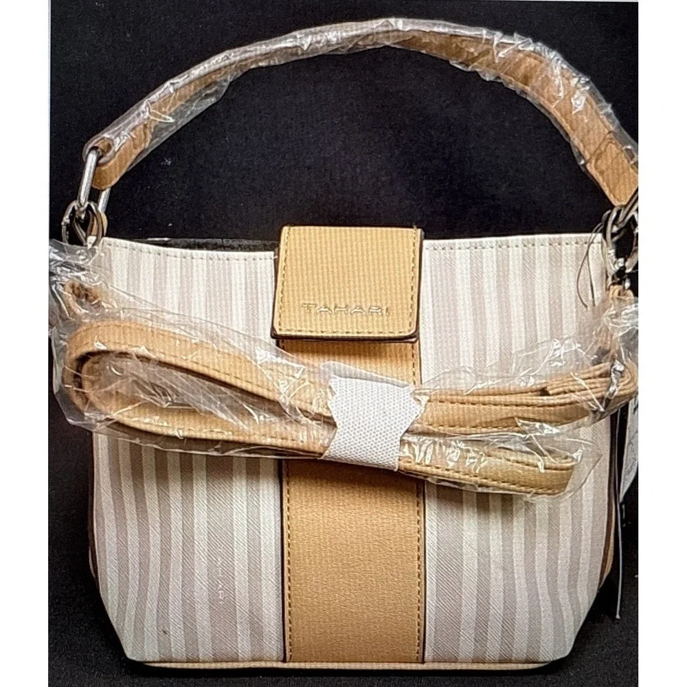 Tahari Tote Bag Women Sand/Gray Striped Bag Magnetic Snap Zip Vegan Leather  NWT